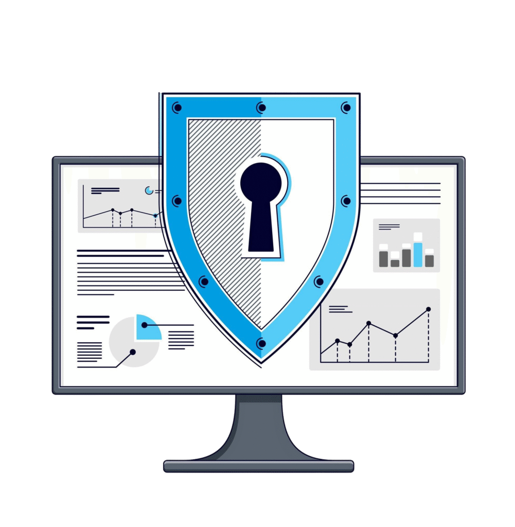 escudo sobre monitor computadora concepto seguridad datos privados antivirus o cortafuegos proteccion financiera diseno linea delgada vectorial elementos pueden usar separado escudo sobre monitor computadora concepto seguridad datos privados antivirus o cortafuegos proteccion financiera diseno linea delgada vectorial elementos pueden usar separado